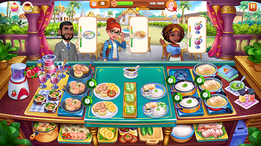 A thrilling kitchen scene filled with bustling chefs, sizzling pans, and colorful dishes, capturing the excitement and challenge of the Cooking Madness game.