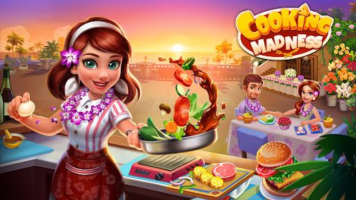 A thrilling kitchen scene filled with bustling chefs, sizzling pans, and colorful dishes, capturing the excitement and challenge of the Cooking Madness game.