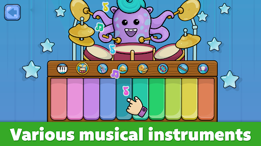 A joyful child exploring music with colorful instruments, symbolizing the magical and educational experience offered by the Kids Tunes App.