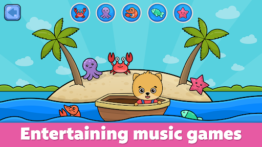 A joyful child exploring music with colorful instruments, symbolizing the magical and educational experience offered by the Kids Tunes App.