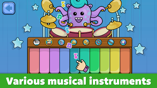 A joyful child exploring music with colorful instruments, symbolizing the magical and educational experience offered by the Kids Tunes App.