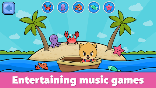 A joyful child exploring music with colorful instruments, symbolizing the magical and educational experience offered by the Kids Tunes App.