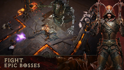 An epic battle scene in a dark fantasy world, embodying the adventurous and immersive essence of Diablo Immortal.