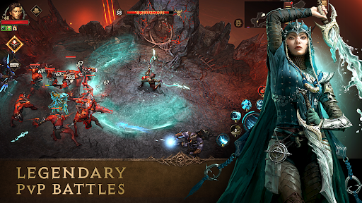 An epic battle scene in a dark fantasy world, embodying the adventurous and immersive essence of Diablo Immortal.