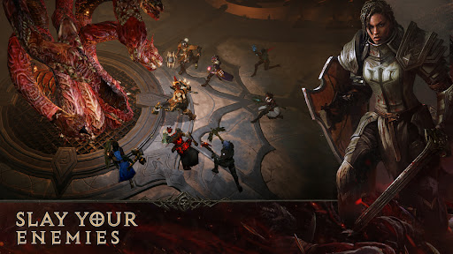 An epic battle scene in a dark fantasy world, embodying the adventurous and immersive essence of Diablo Immortal.