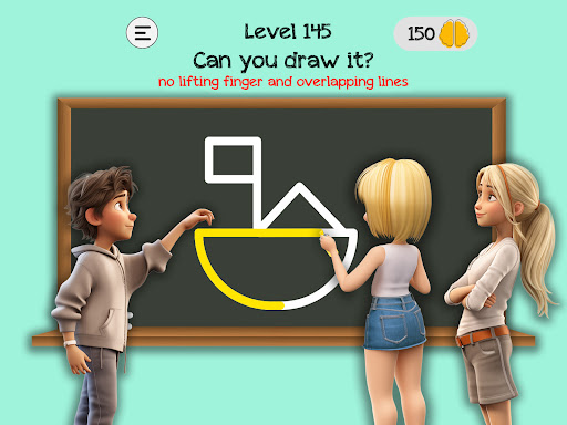 A vibrant and engaging visual of the Braindom app interface, illustrating a person immersed in solving a brain-teasing puzzle, exuding focus and enjoyment.