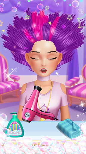 A vibrant and lively depiction of a virtual hair salon, teeming with creativity and colorful hair styling options, evoking a sense of fun and endless possibilities.