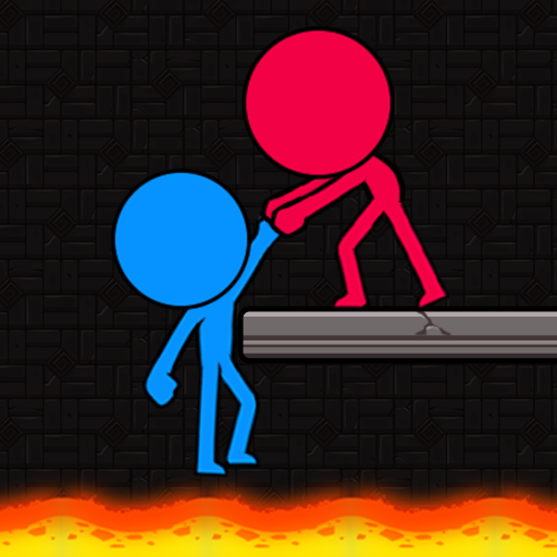 Two stickman characters, red and blue, working together to solve a puzzle in a vibrant world, symbolizing teamwork and adventure.