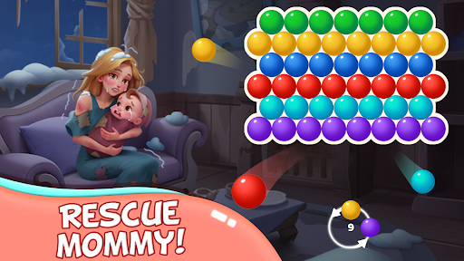 A colorful and engaging depiction of a family enjoying a fun and relaxing moment playing a bubble shooter game together.