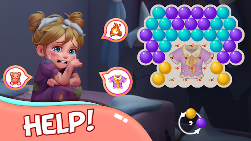 A colorful and engaging depiction of a family enjoying a fun and relaxing moment playing a bubble shooter game together.