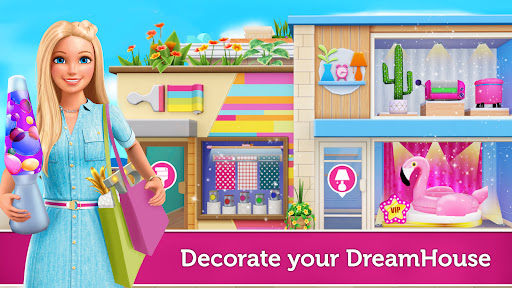 A vibrant, colorful dreamhouse full of life and creativity with Barbie and her friends engaging in exciting activities, symbolizing fun and imagination.