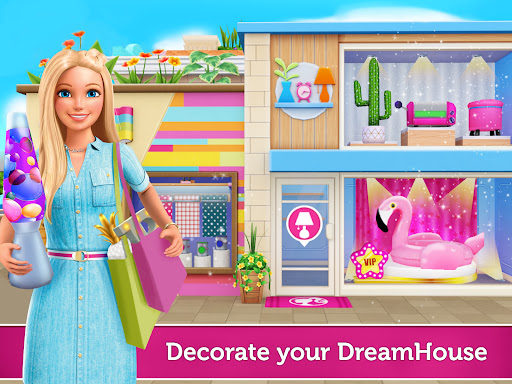 A vibrant, colorful dreamhouse full of life and creativity with Barbie and her friends engaging in exciting activities, symbolizing fun and imagination.