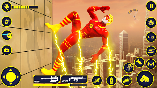 The thrill of being a flying police robot hero soaring above a bustling city, ready to combat crime and bring justice, capturing the excitement and heroism of the game.