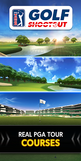 A golfer swinging on a lush green course, under a bright blue sky, capturing the essence of mobile golfing excitement.