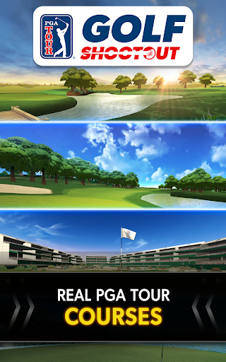 A golfer swinging on a lush green course, under a bright blue sky, capturing the essence of mobile golfing excitement.