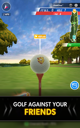 A golfer swinging on a lush green course, under a bright blue sky, capturing the essence of mobile golfing excitement.