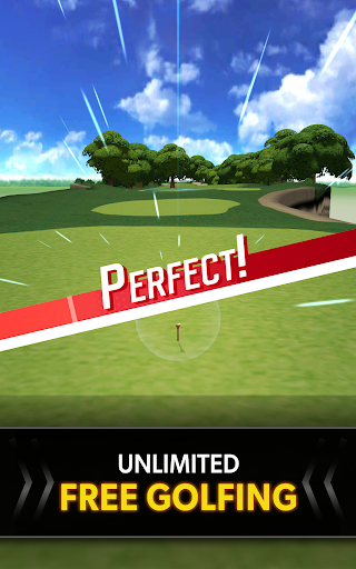 A golfer swinging on a lush green course, under a bright blue sky, capturing the essence of mobile golfing excitement.