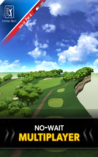 A golfer swinging on a lush green course, under a bright blue sky, capturing the essence of mobile golfing excitement.