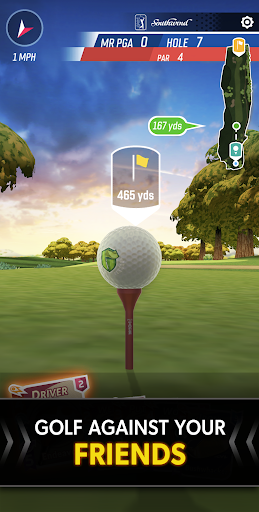 A golfer swinging on a lush green course, under a bright blue sky, capturing the essence of mobile golfing excitement.