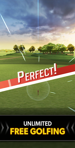 A golfer swinging on a lush green course, under a bright blue sky, capturing the essence of mobile golfing excitement.