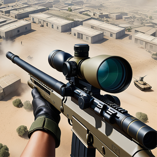 An intense and focused sniper aiming through the scope amidst a realistic battlefield setting, capturing the thrilling essence of American Sniper 3D.