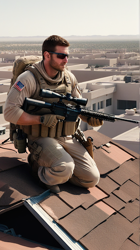 An intense and focused sniper aiming through the scope amidst a realistic battlefield setting, capturing the thrilling essence of American Sniper 3D.