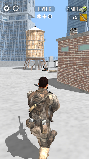 An intense and focused sniper aiming through the scope amidst a realistic battlefield setting, capturing the thrilling essence of American Sniper 3D.