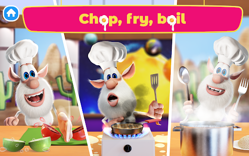 A joyful child playing a colorful cooking game on a tablet, surrounded by virtual ingredients and kitchen tools, conveying excitement and learning.