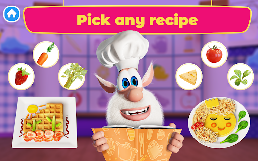 A joyful child playing a colorful cooking game on a tablet, surrounded by virtual ingredients and kitchen tools, conveying excitement and learning.