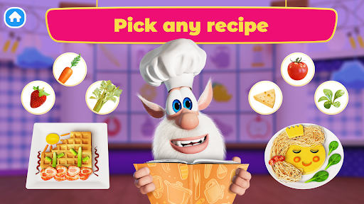 A joyful child playing a colorful cooking game on a tablet, surrounded by virtual ingredients and kitchen tools, conveying excitement and learning.