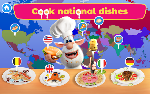 A joyful child playing a colorful cooking game on a tablet, surrounded by virtual ingredients and kitchen tools, conveying excitement and learning.