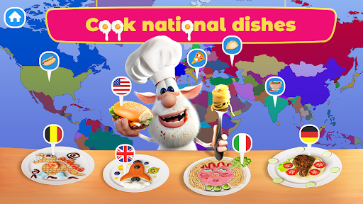 A joyful child playing a colorful cooking game on a tablet, surrounded by virtual ingredients and kitchen tools, conveying excitement and learning.