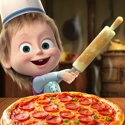 A joyful Masha and Bear cooking together in a colorful kitchen, surrounded by pizza ingredients, representing fun, creativity, and learning.