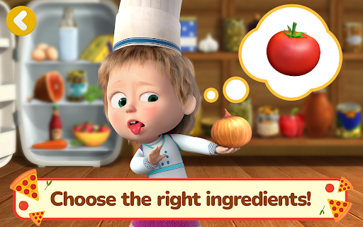 A joyful Masha and Bear cooking together in a colorful kitchen, surrounded by pizza ingredients, representing fun, creativity, and learning.