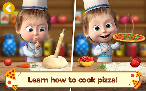 A joyful Masha and Bear cooking together in a colorful kitchen, surrounded by pizza ingredients, representing fun, creativity, and learning.