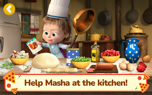 A joyful Masha and Bear cooking together in a colorful kitchen, surrounded by pizza ingredients, representing fun, creativity, and learning.