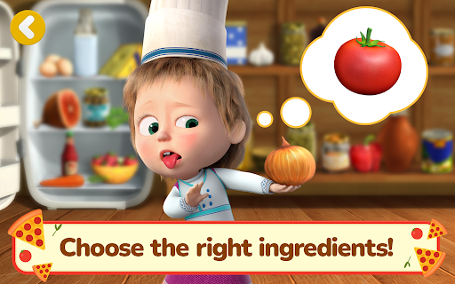 A joyful Masha and Bear cooking together in a colorful kitchen, surrounded by pizza ingredients, representing fun, creativity, and learning.