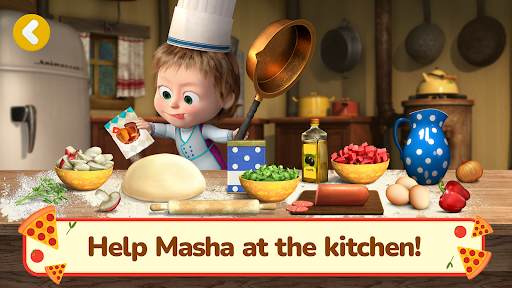 A joyful Masha and Bear cooking together in a colorful kitchen, surrounded by pizza ingredients, representing fun, creativity, and learning.