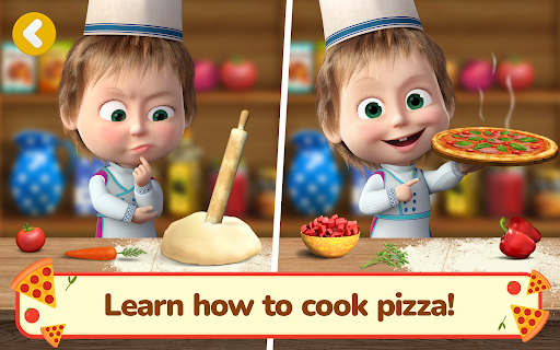 A joyful Masha and Bear cooking together in a colorful kitchen, surrounded by pizza ingredients, representing fun, creativity, and learning.