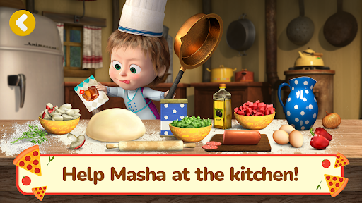 A joyful Masha and Bear cooking together in a colorful kitchen, surrounded by pizza ingredients, representing fun, creativity, and learning.