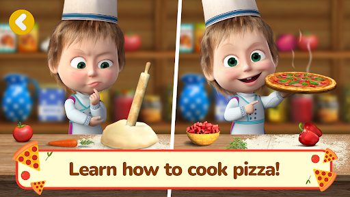 A joyful Masha and Bear cooking together in a colorful kitchen, surrounded by pizza ingredients, representing fun, creativity, and learning.