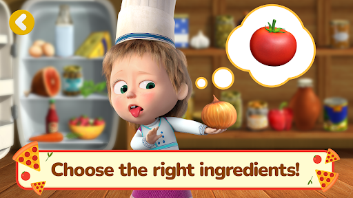 A joyful Masha and Bear cooking together in a colorful kitchen, surrounded by pizza ingredients, representing fun, creativity, and learning.