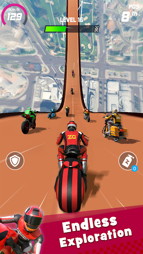 A thrilling scene of a dinosaur-themed motorbike race, capturing the excitement and adventure of Moto Race Master.