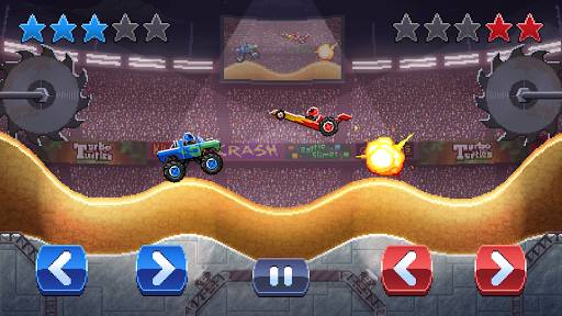 A vibrant and energetic depiction of car battle action in the Drive Ahead game, capturing the excitement and thrill of mobile gaming.