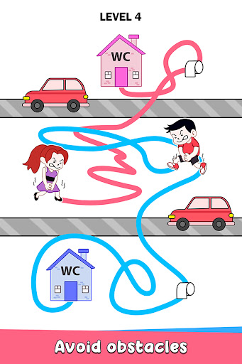 A playful and humorous scene depicting a character drawing a winding path to reach a bathroom, symbolizing the fun and strategic nature of the Draw to Pee game.