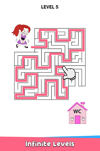 A playful and humorous scene depicting a character drawing a winding path to reach a bathroom, symbolizing the fun and strategic nature of the Draw to Pee game.