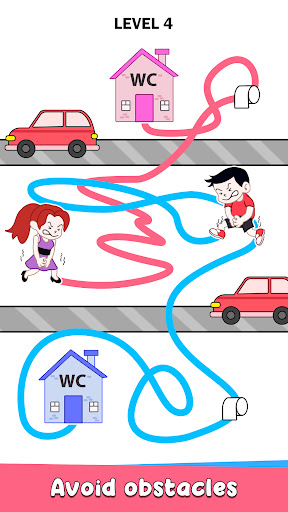 A playful and humorous scene depicting a character drawing a winding path to reach a bathroom, symbolizing the fun and strategic nature of the Draw to Pee game.