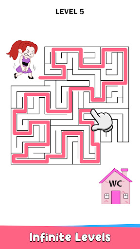 A playful and humorous scene depicting a character drawing a winding path to reach a bathroom, symbolizing the fun and strategic nature of the Draw to Pee game.