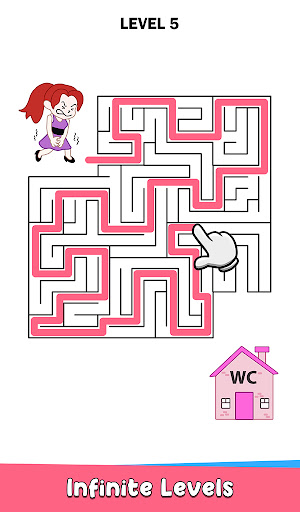 A playful and humorous scene depicting a character drawing a winding path to reach a bathroom, symbolizing the fun and strategic nature of the Draw to Pee game.