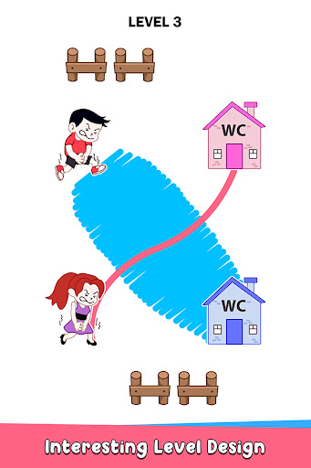 A playful and humorous scene depicting a character drawing a winding path to reach a bathroom, symbolizing the fun and strategic nature of the Draw to Pee game.